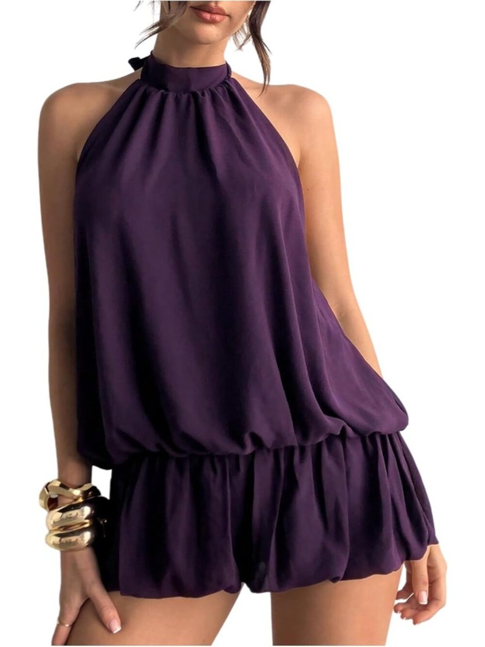 Women's Purple Tie Open Back Sleeveless Ruffle Hem Polyester Halter Dress